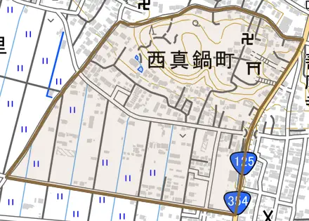 西真鍋町とその周辺の地図。町の範囲を重ねている