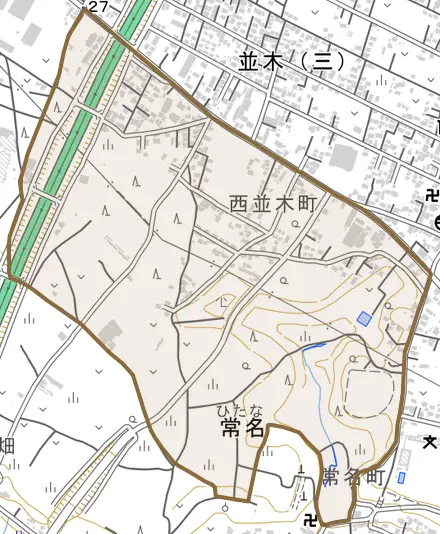 西並木町とその周辺の地図。町の範囲を重ねている