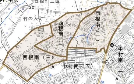 西根南とその周辺の地図。町の範囲を重ねている