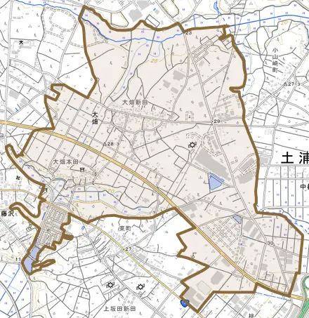 大畑とその周辺の地図。町の範囲を重ねている
