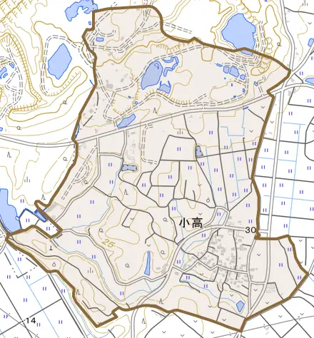 小高とその周辺の地図。町の範囲を重ねている