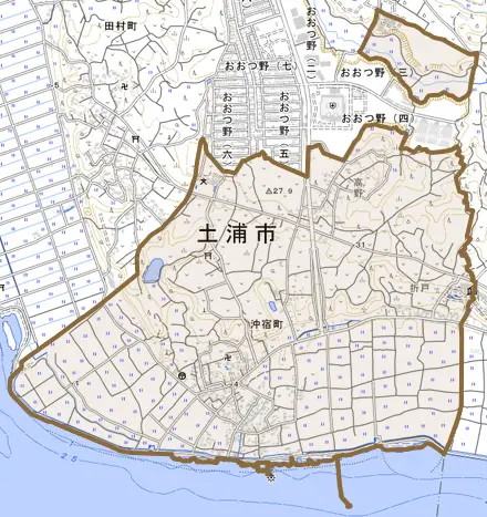 沖宿町とその周辺の地図。町の範囲を重ねている