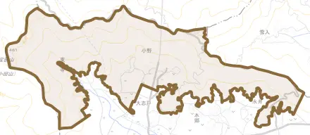 小野とその周辺の地図。町の範囲を重ねている