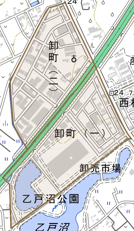 卸町とその周辺の地図。町の範囲を重ねている