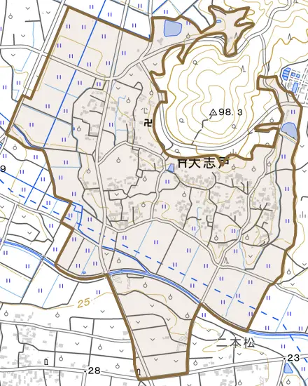 大志戸とその周辺の地図。町の範囲を重ねている