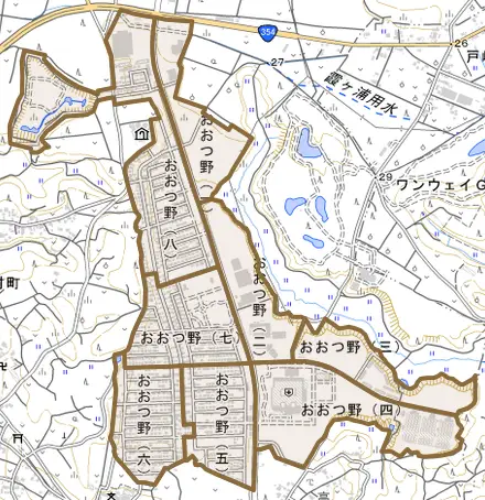 おおつ野とその周辺の地図。町の範囲を重ねている