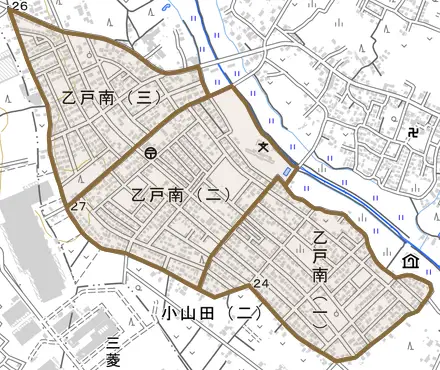 乙戸南とその周辺の地図。町の範囲を重ねている