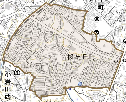 桜ケ丘町とその周辺の地図。町の範囲を重ねている