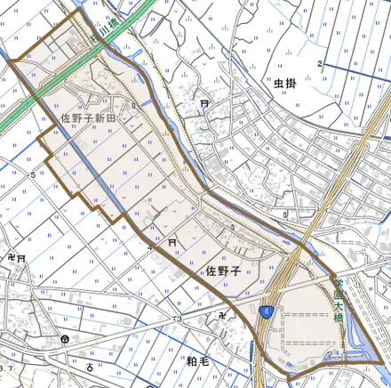 佐野子とその周辺の地図。町の範囲を重ねている