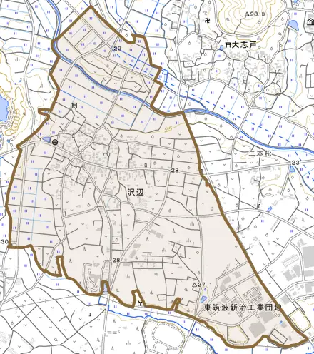 沢辺とその周辺の地図。町の範囲を重ねている