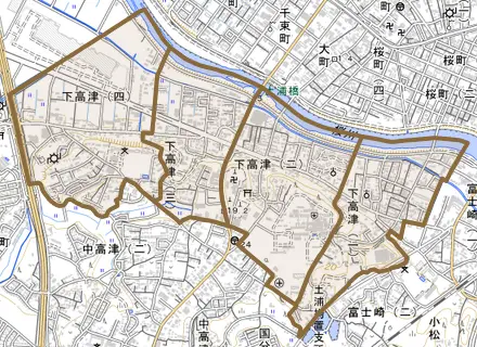 下高津とその周辺の地図。町の範囲を重ねている