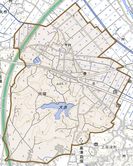 宍塚とその周辺の地図。町の範囲を重ねている