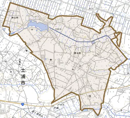 菅谷町とその周辺の地図。町の範囲を重ねている