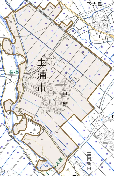 田土部とその周辺の地図。町の範囲を重ねている
