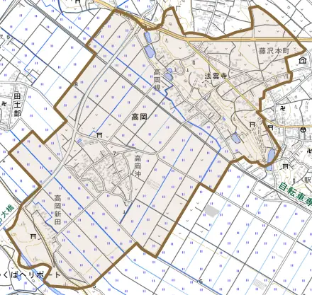 高岡とその周辺の地図。町の範囲を重ねている