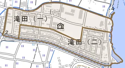 滝田とその周辺の地図。町の範囲を重ねている