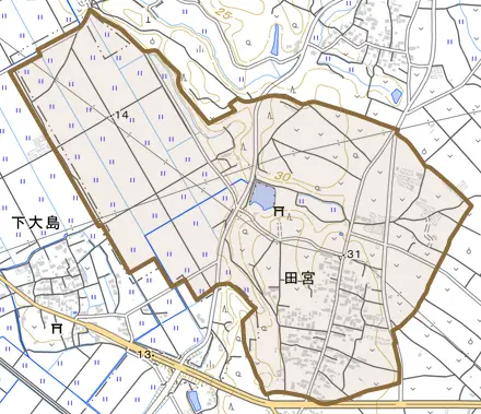 田宮とその周辺の地図。町の範囲を重ねている
