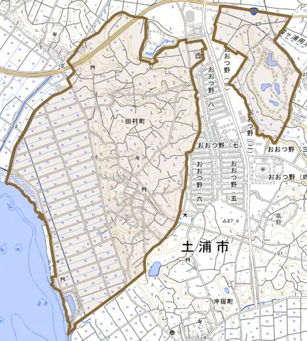 田村町とその周辺の地図。町の範囲を重ねている