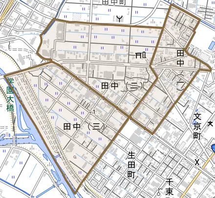 田中とその周辺の地図。町の範囲を重ねている