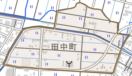 田中町とその周辺の地図。町の範囲を重ねている