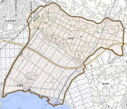 手野町とその周辺の地図。町の範囲を重ねている