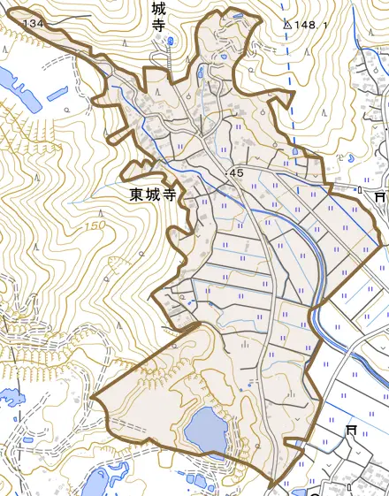 東城寺とその周辺の地図。町の範囲を重ねている