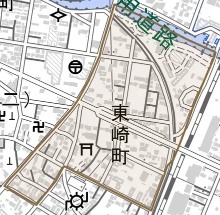 東崎町とその周辺の地図。町の範囲を重ねている