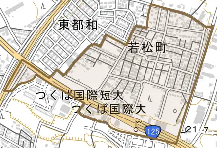 若松町とその周辺の地図。町の範囲を重ねている