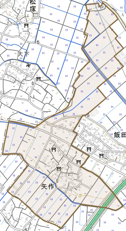 矢作とその周辺の地図。町の範囲を重ねている