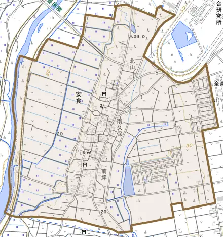安食とその周辺の地図。町の範囲を重ねている