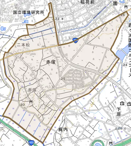 赤塚とその周辺の地図。町の範囲を重ねている
