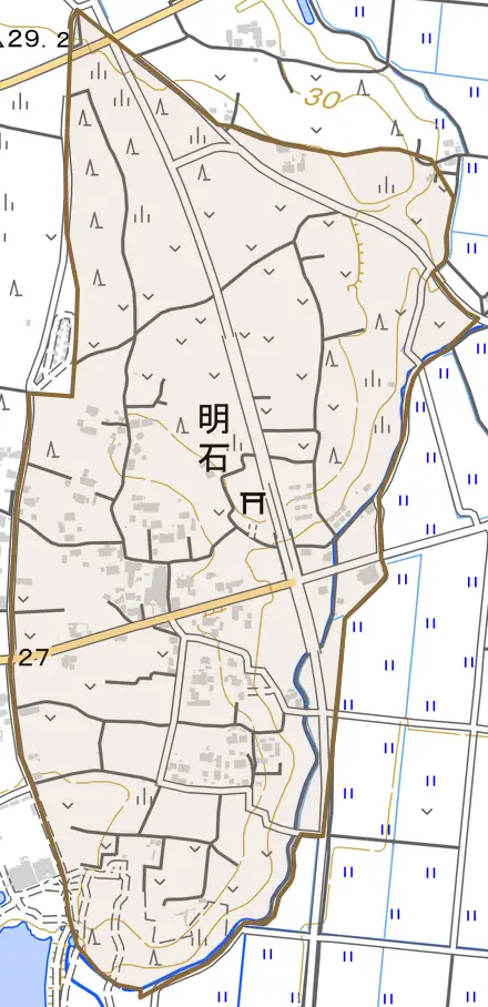 明石とその周辺の地図。町の範囲を重ねている