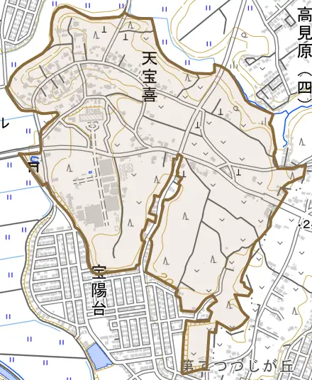 天宝喜とその周辺の地図。町の範囲を重ねている