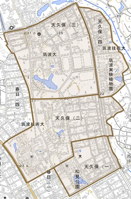 天久保とその周辺の地図。町の範囲を重ねている