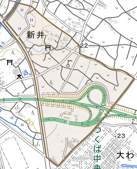 新井とその周辺の地図。町の範囲を重ねている