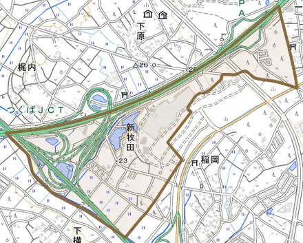 新牧田とその周辺の地図。町の範囲を重ねている