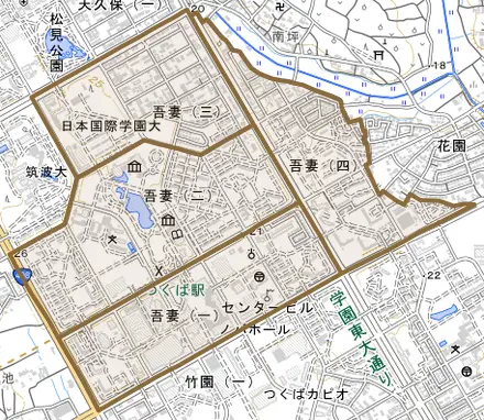 吾妻とその周辺の地図。町の範囲を重ねている
