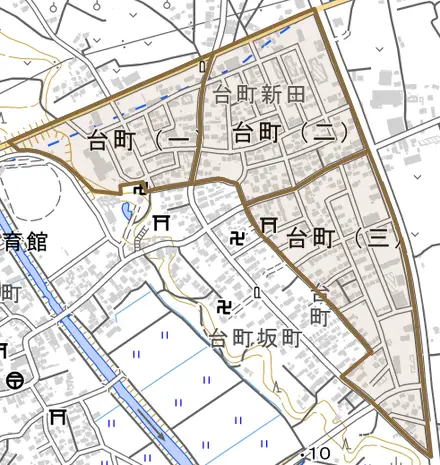 台町とその周辺の地図。町の範囲を重ねている