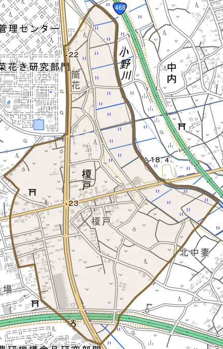 榎戸とその周辺の地図。町の範囲を重ねている