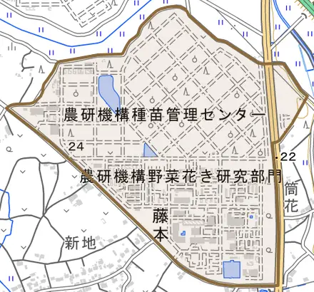 藤本とその周辺の地図。町の範囲を重ねている