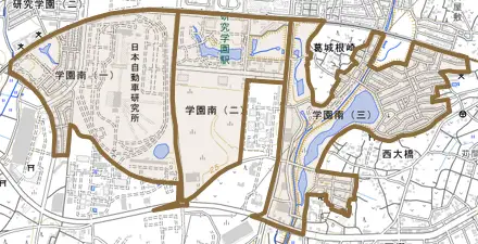 学園南とその周辺の地図。町の範囲を重ねている