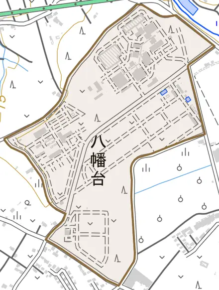 八幡台とその周辺の地図。町の範囲を重ねている