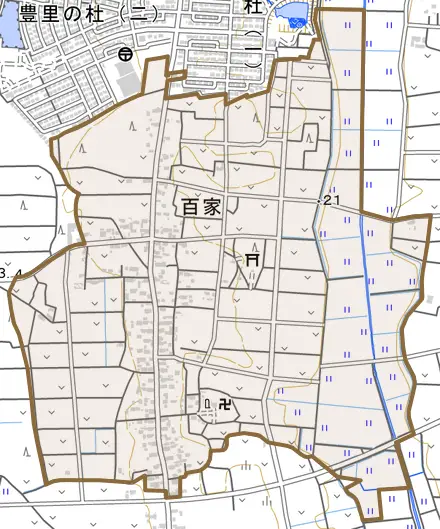 百家とその周辺の地図。町の範囲を重ねている