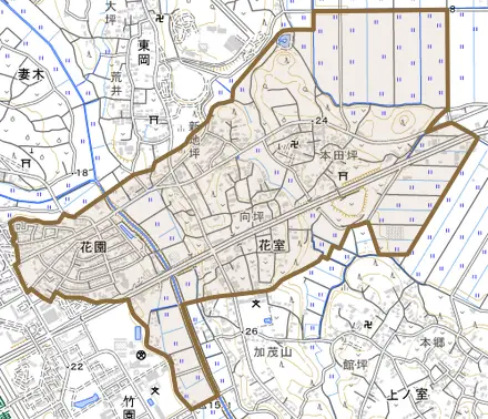 花室とその周辺の地図。町の範囲を重ねている