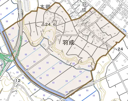 羽成とその周辺の地図。町の範囲を重ねている