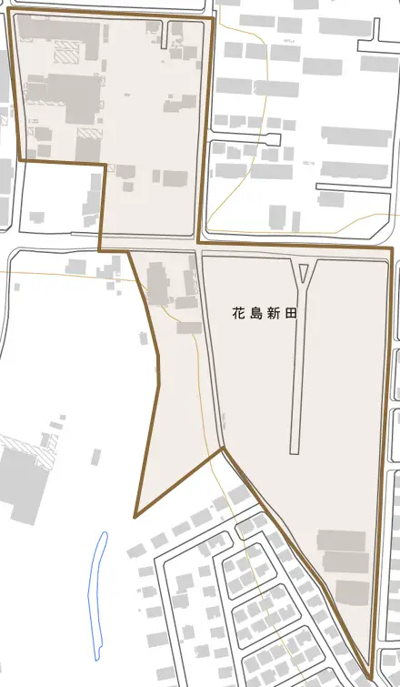 花島新田とその周辺の地図。町の範囲を重ねている