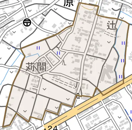 原とその周辺の地図。町の範囲を重ねている