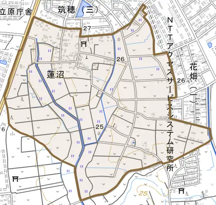 蓮沼とその周辺の地図。町の範囲を重ねている