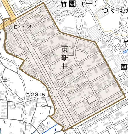 東新井とその周辺の地図。町の範囲を重ねている