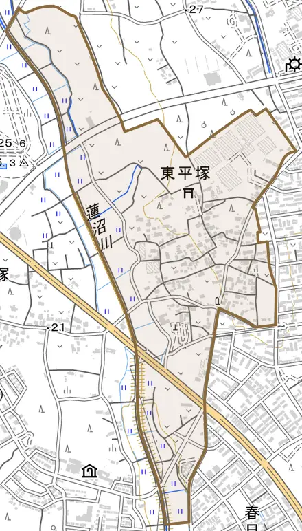 東平塚とその周辺の地図。町の範囲を重ねている